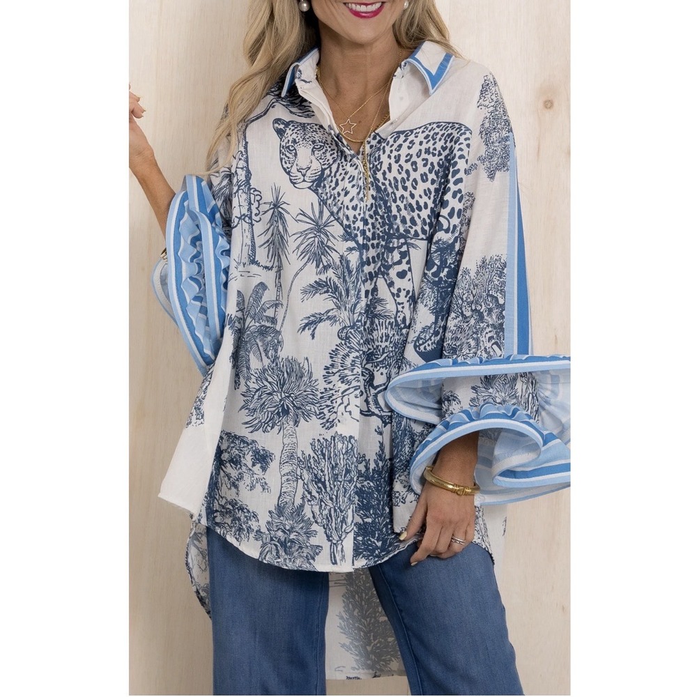 Char Lee Wild Side Ruffle Sleeve Top Women's Size XL Leopard Boutique Tunic Boho